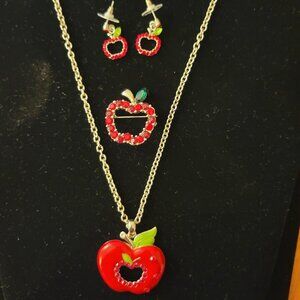 Rhinestone Apple themed jewelry set w/ necklace, 2 sets earrings, broach